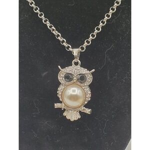 Vtg 1946 Silver Tone 32" Cabochon Rhinestone Black Eyed Owl Necklace